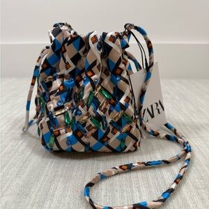 Zara Blue and Beige Geometric Beaded Drawstring Crossbody Bag